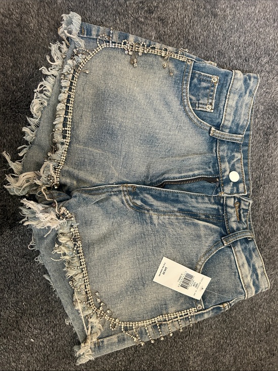 blue b Pants - Embellished Light Blue Denim High-Rise Jean Shorts